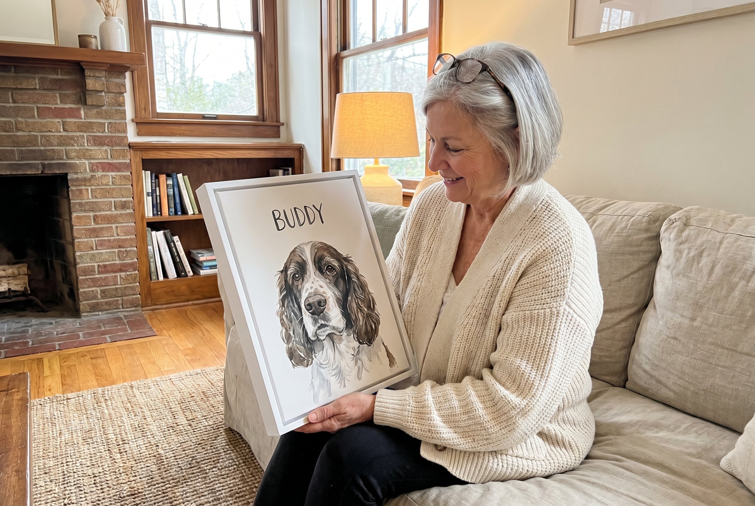 A woman in a warm living room holding a watercolor portrait of her senior Springer Spaniel, Buddy.
